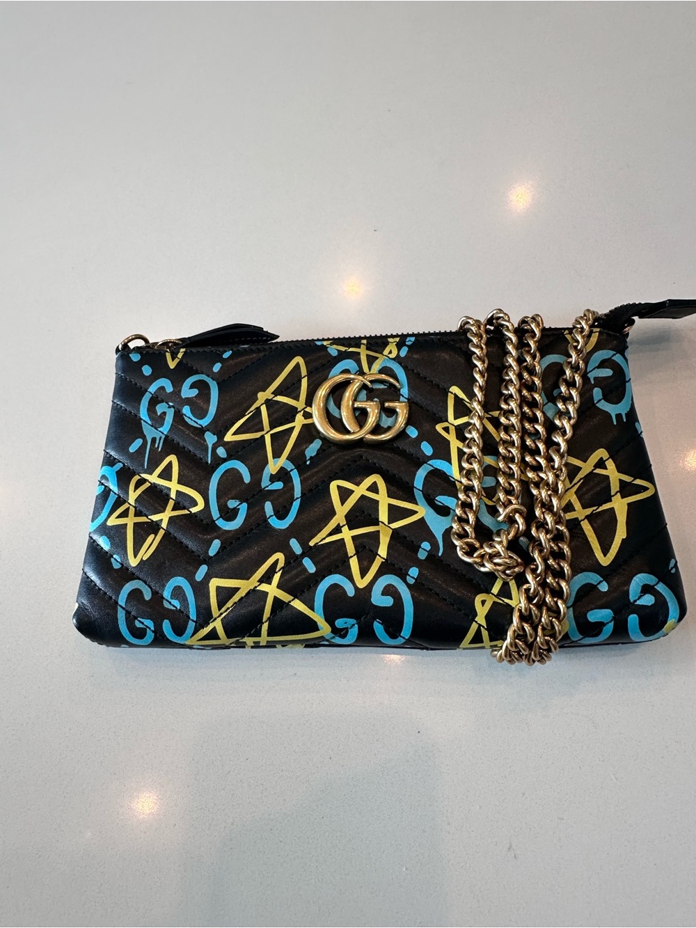 Gucci Black Leather Crossbody with Blue and Yellow Graffiti
